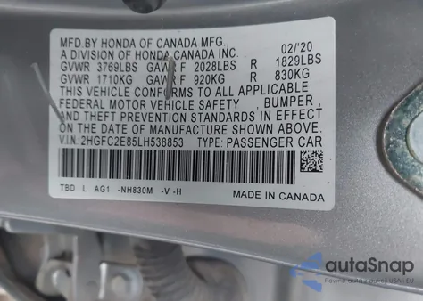 2020 Honda Civic Sport из США, поврежденный, VIN 2HGFC2E85LH538853